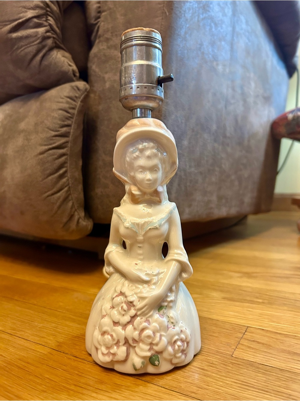 Porcelain Victorian Lady Figurine Table Lamp - Cream with Pink Floral Detail